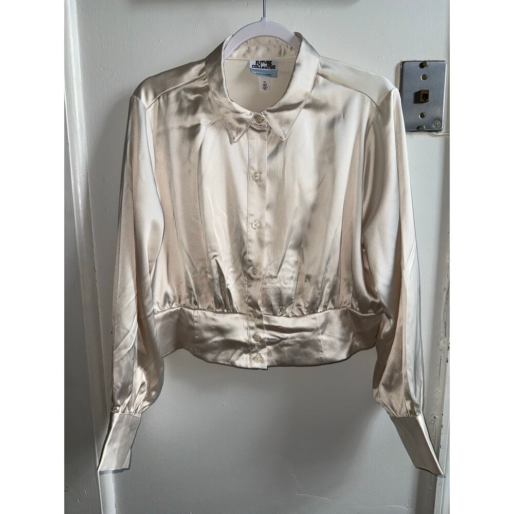 Future Collective x Reese Blutstein Satin Cropped Button Down Top Cream XL